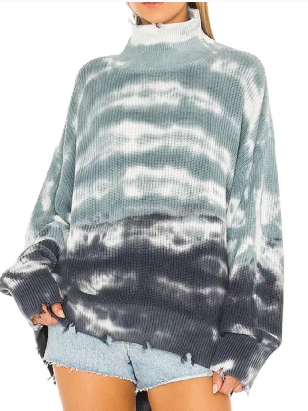 Young Fabulous & Broke Cameron Blue Horizon Tie Dye Distressed Sweater M/L